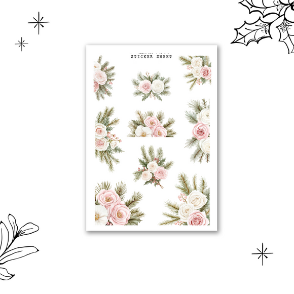 pink winter roses sticker sheet, flower sticker