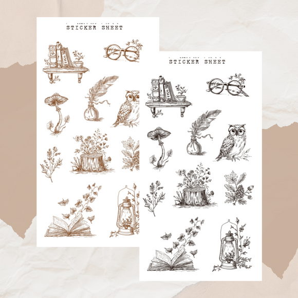 forest study autumn line art sticker sheet bundle