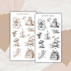 forest library autumn line art sticker sheet bundle
