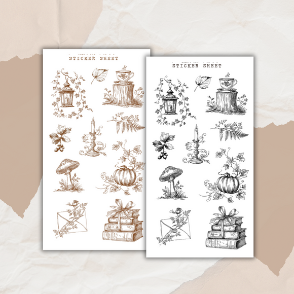 forest library autumn line art sticker sheet bundle