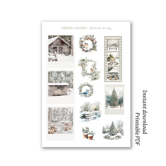 Winter garden Polaroid A4 printable sticker sheet