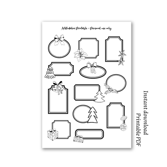 Christmas labels black and white A4 printable sticker sheet