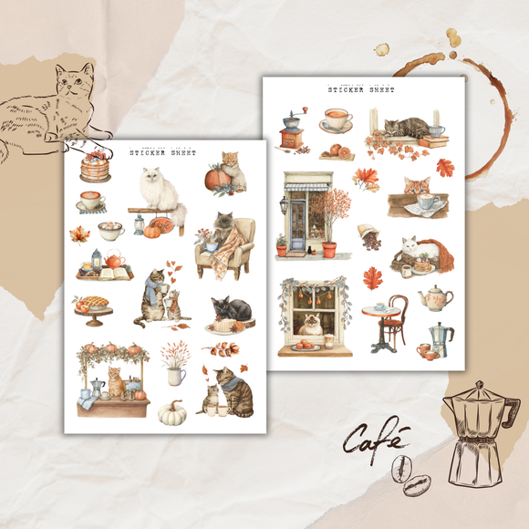 autumnal cat cafe sticker sheet