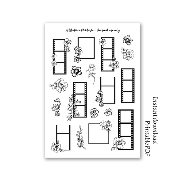 Black and white floral frames A4 printable Sticker sheet