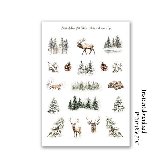 Winter woodland A4 printable sticker sheet