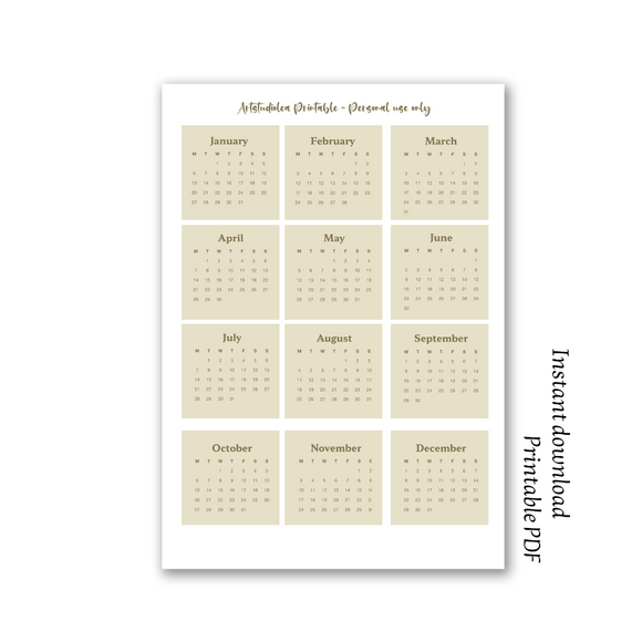 2025 mini calendar printable green