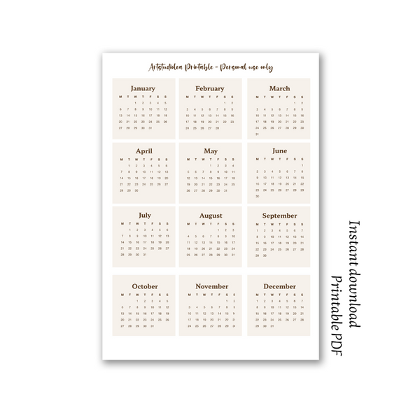 2025 mini calendar printable beige