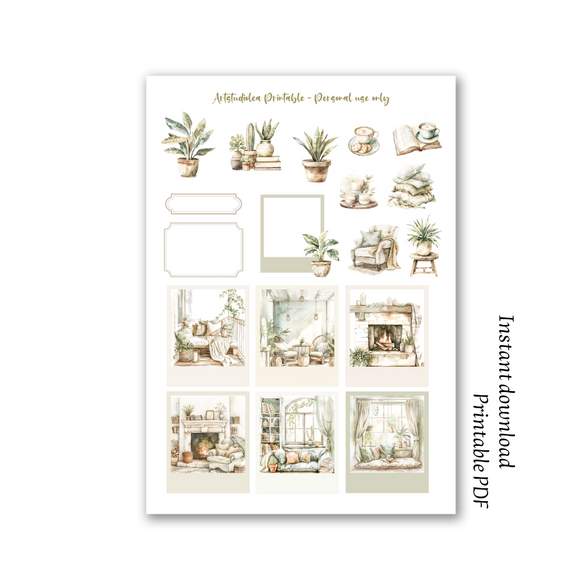 Green home Polaroid and stickers printable A4 sheet