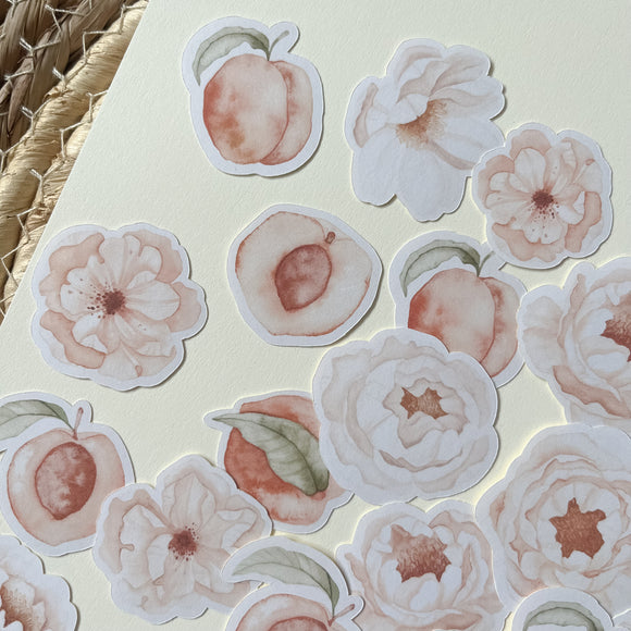 Floral peaches die cut sticker pocket, flower sticker, planner sticker, 24 pieces