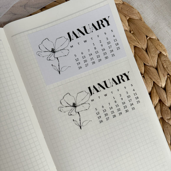 black and white floral 2026 die cut calendar stickers