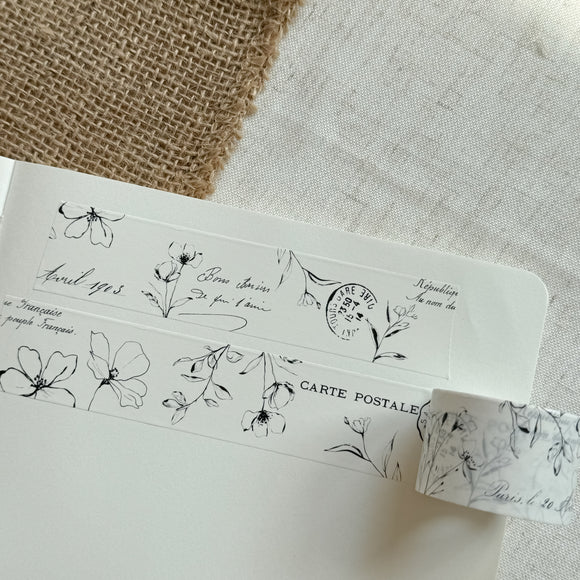 black and white floral ephemera washi tape