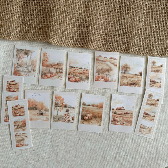 autumn cottage core fields die cut polaroid picture sticker pocket, vintage sticker, planner sticker, 13 pieces