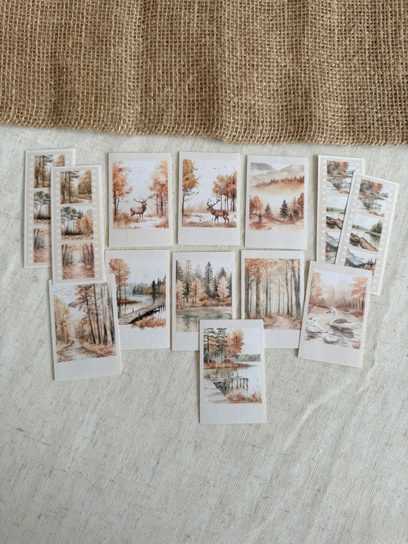 autumn forest scenery die cut polaroid picture sticker pocket, vintage sticker, planner sticker, 13 pieces