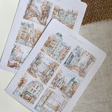 blue autumn city picture sticker sheet