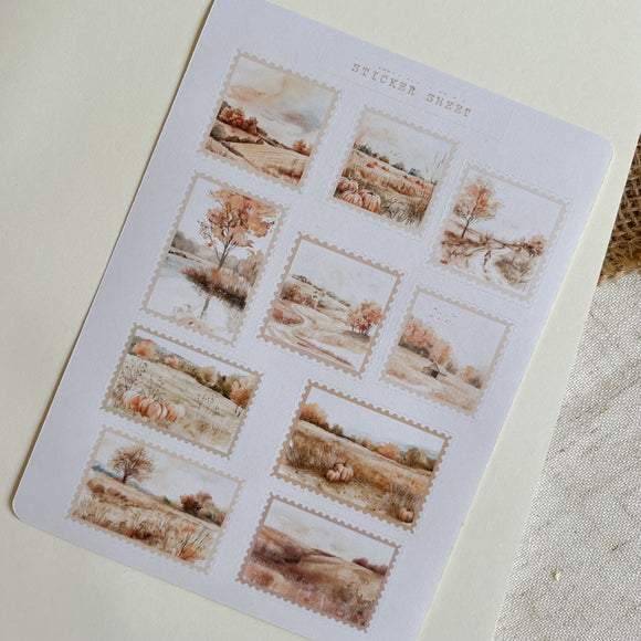 Autumn countryside post stamp sticker sheet