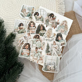 bookish winter girls die cut sticker pocket, christmas sticker, planner sticker, 15 pieces