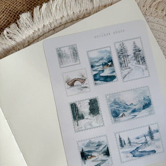 winter landscape post stamp sticker sheet