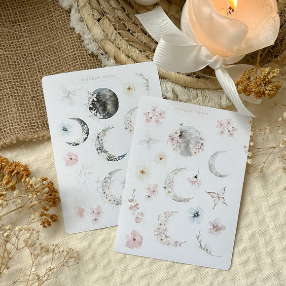 soft moon flowers sticker sheet, floral sticker, butterfly sticker