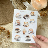 coffee lover sticker sheet, cappuccino stickers, journaling stickers