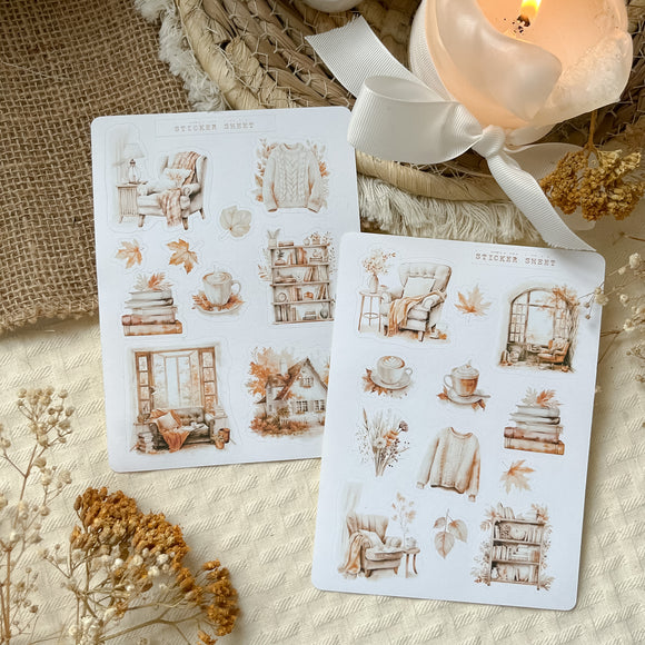 cozy autumn Sunday sticker sheet, reading cozy home sticker sheet