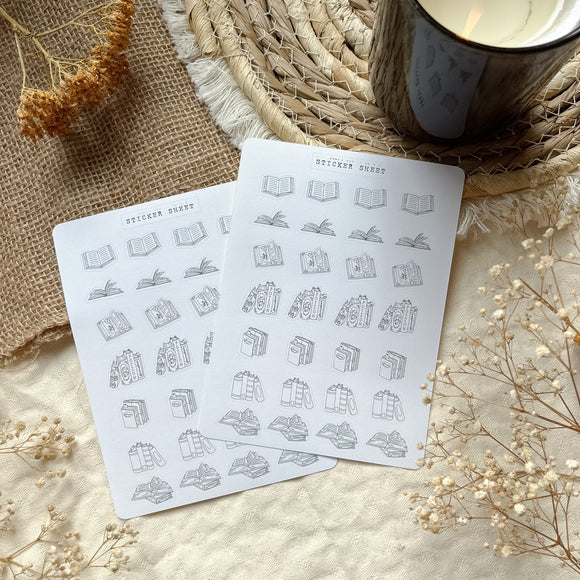 Bookish icons black and white sticker sheet