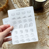 Bookish icons black and white sticker sheet