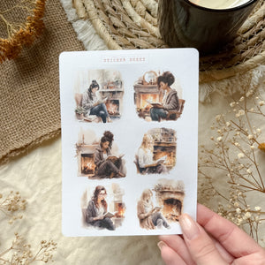 reading by the fireplace sticker sheet, book stickers, reading journal sticker