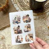 reading by the fireplace sticker sheet, book stickers, reading journal sticker