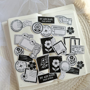 black and white floral post stamps die cut sticker pocket, planner sticker, stamp sticker, ephemera cut out stickers 25+ pieces