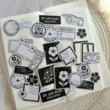 black and white floral post stamps die cut sticker pocket, planner sticker, stamp sticker, ephemera cut out stickers 25+ pieces