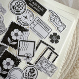 black and white floral post stamps die cut sticker pocket, planner sticker, stamp sticker, ephemera cut out stickers 25+ pieces