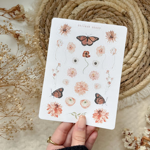 red floral butterfly sticker sheet, floral sticker sheets, bujo sticker sheets, planner stickers