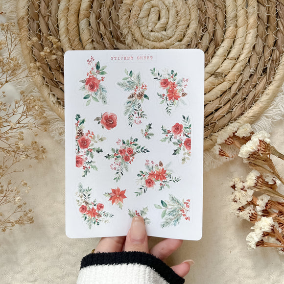 christmas florals sticker sheet, book stickers,christmas sticker sheet