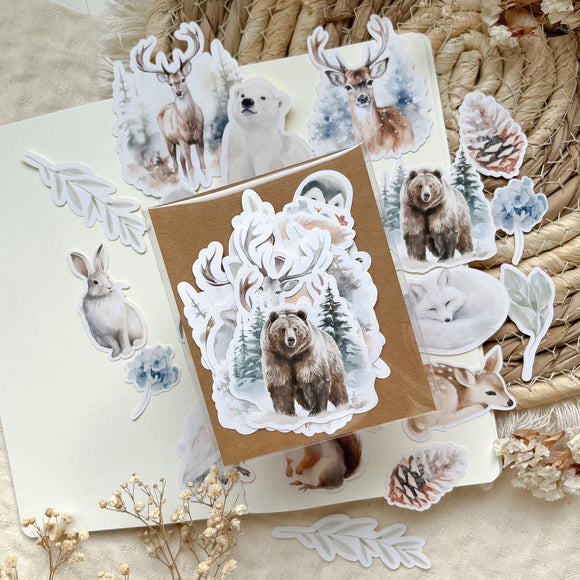 die cut winter animals and floral elements sticker pocket, christmas sticker, planner sticker, 20 pieces