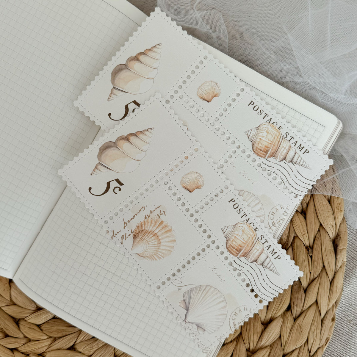 sea shell post stamp cut out page, linen paper post stamp – ArtStudioLea