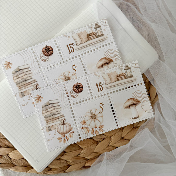 autumn day post stamp cut out page, linen paper post stamp