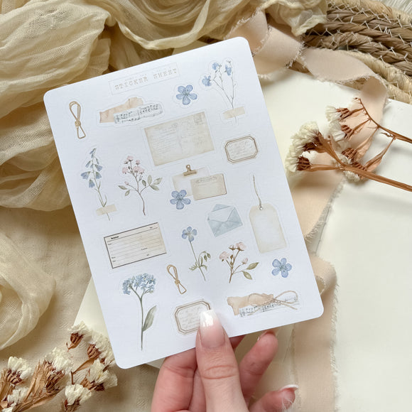 blue flower ephemera sticker sheet