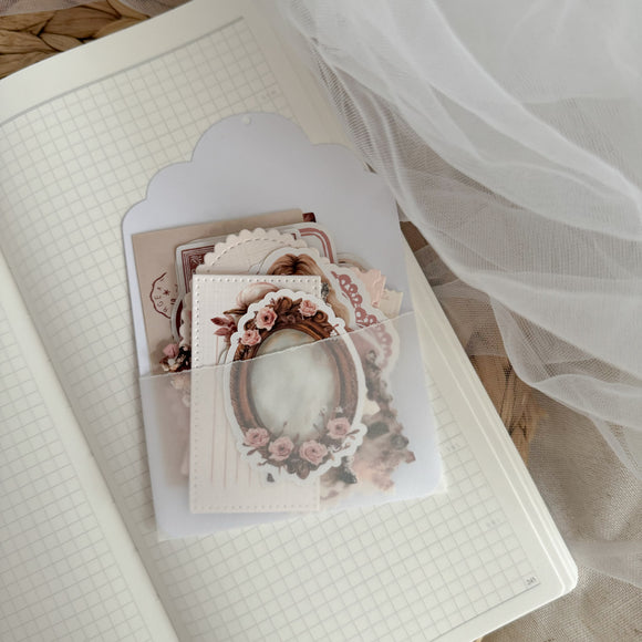 pink harvest ephemera and sticker die cut pocket, 29+ pieces,