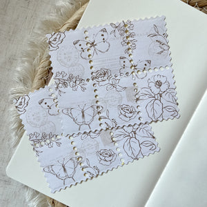 vintage butterfly and flower faux stamp sticker sheet, journaling sticker, planner sticker, bullet journal supplies