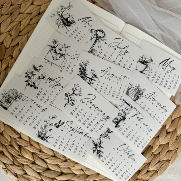 black and white line art 2026 die cut calendar stickers