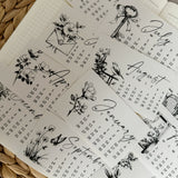 black and white line art 2026 die cut calendar stickers