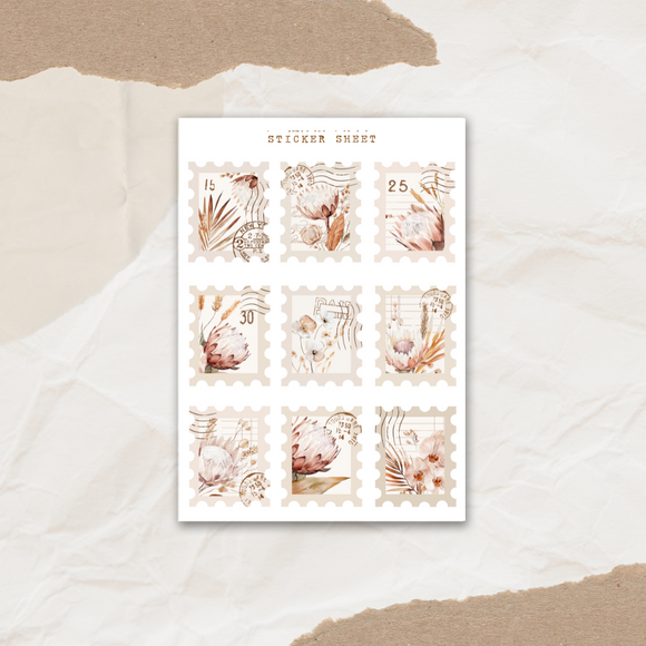 boho dried flower post stamp sticker sheet