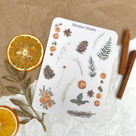 Winter greens and dried oranges sticker sheet for journaling and penpaling