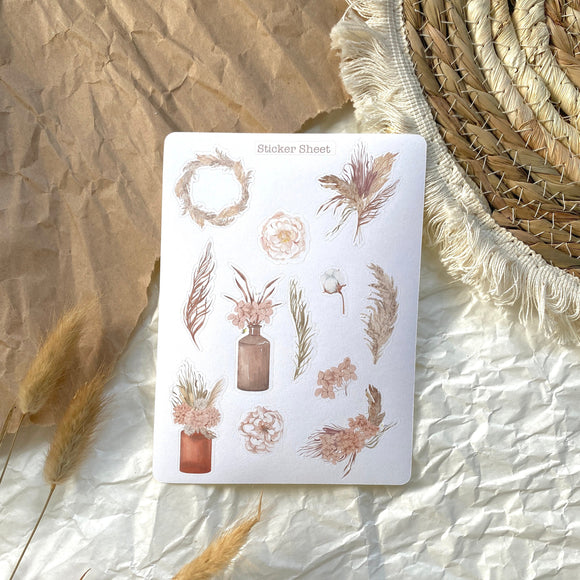 Boho dried flowers sticker sheet for journaling and penpaling