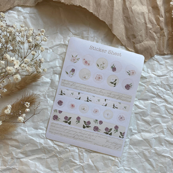 Vintage flowers dots and washi tape sticker sheet for journaling and penpaling